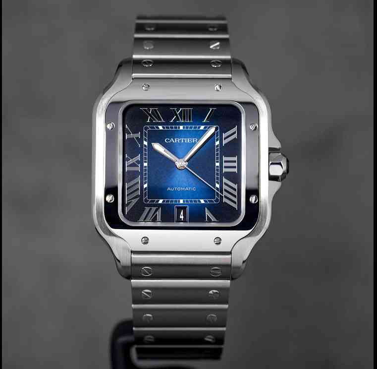 Cartier Santos Steel Blue Dial Mens Watch